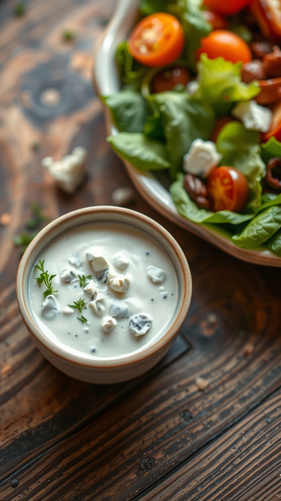 A bowl of creamy blue cheese dressing with herbs, alongside a fresh salad.